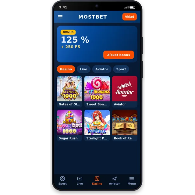 Casino ve bahis bölümleriyle Mostbet uygulamasının ana ekranı